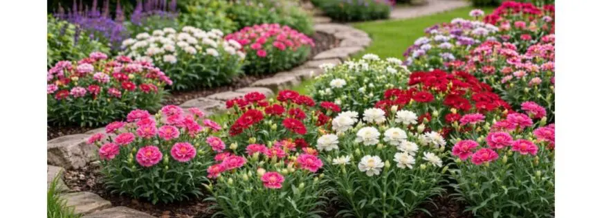 Червен карамфил в цъфтеж“ „Розов карамфил декоративно цвете“ „Бял карамфил градинско цвете“ „Карамфил в саксия с наситени цветове“ „Карамфил диантус в градината“ „Цъфтящи карамфили в различни цветове“