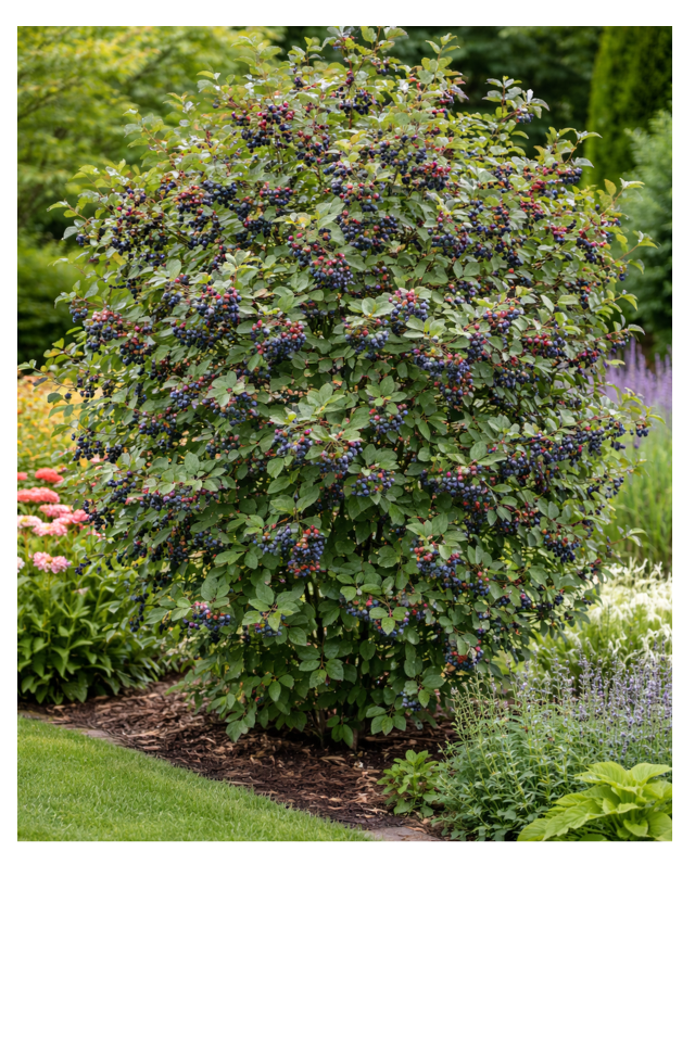 Amelanchier Smoky – канадска боровинка отрупана с плодове Канадска боровинка Amelanchier Smoky храст 200 см Amelanchier Smoky плодоносен студоустойчив храст Канадска боровинка Smoky с узрели тъмни плодове Amelanchier Smoky – самоопрашваща канадска боровинка