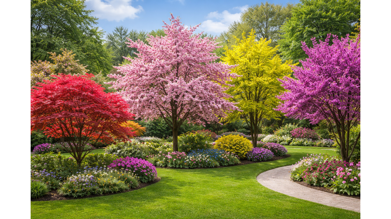 декоративни дървета в двор с пролетен цъфтеж