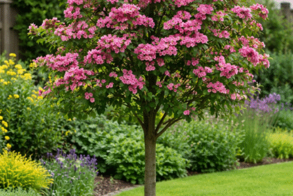 глог Paul’s Scarlet цъфтящо декоративно дърво с розови цветове в двор