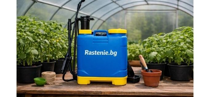 пръскачка за растения върху маса в оранжерия до саксии с разсад Rastenie.bg